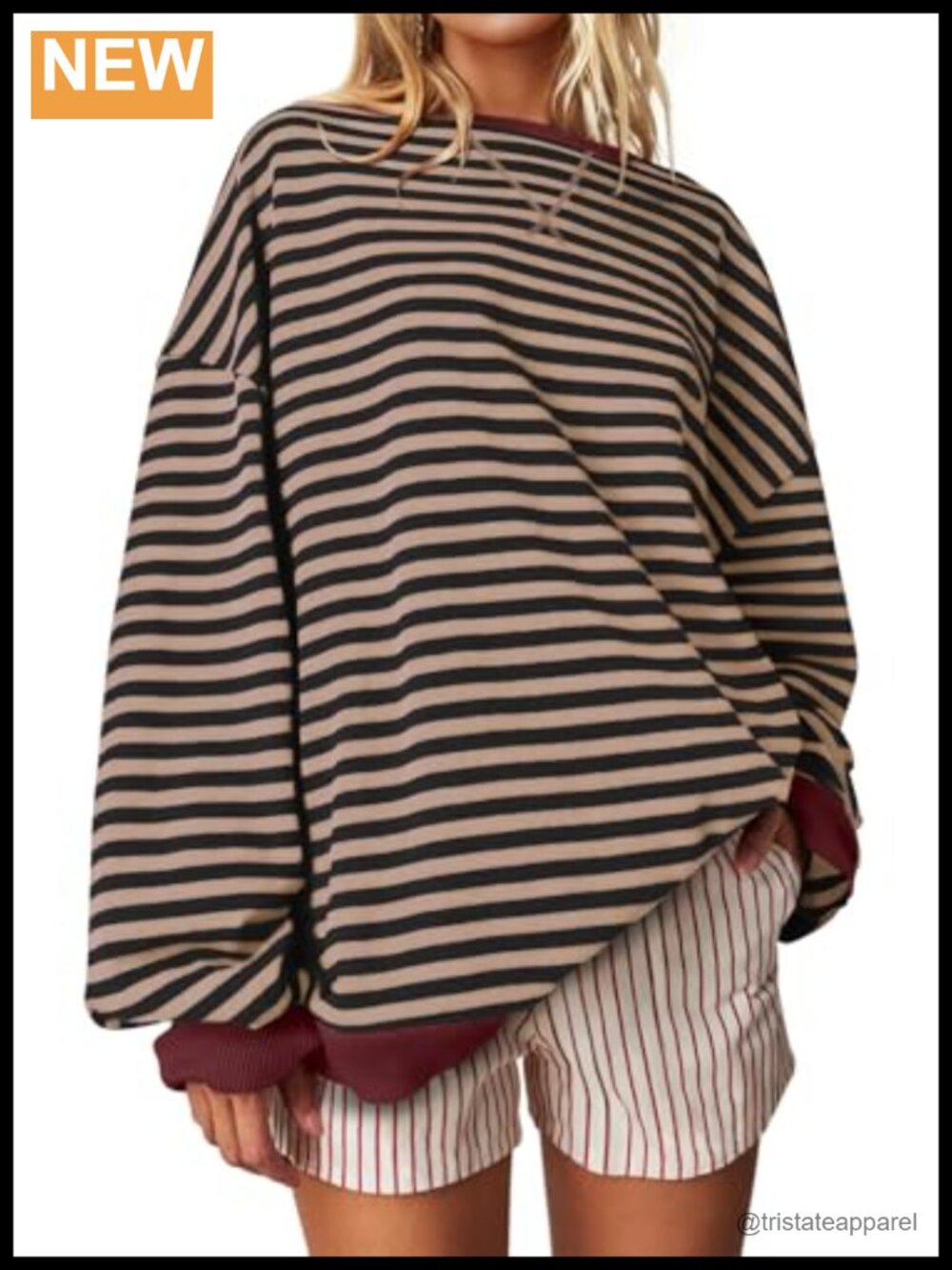 Oversized Striped Crewneck Sweatshirt Batwing Sleeve Casual Pullover